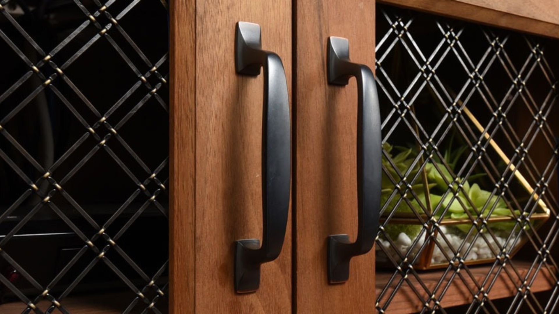 Black wire mesh for cabinets.