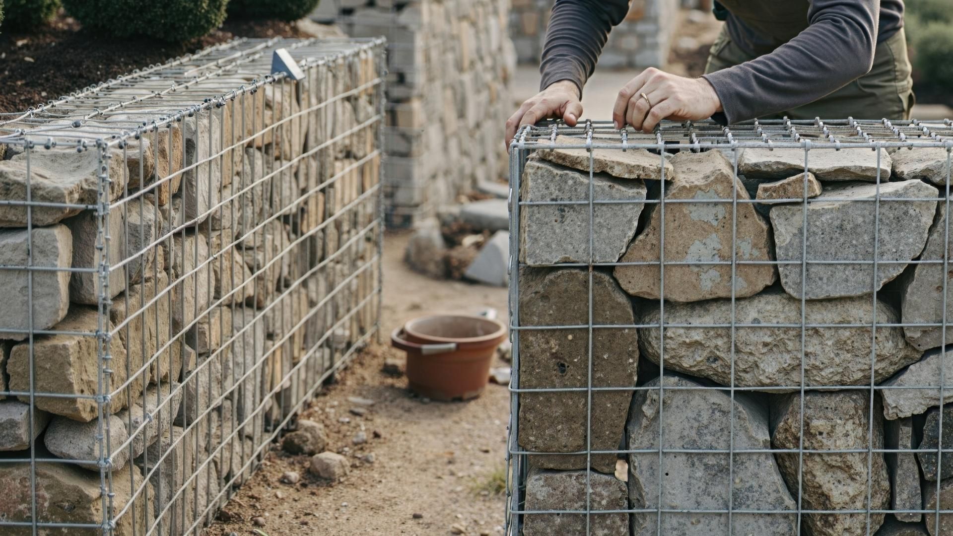 A person assembling a gabion wall by stacking stones inside wire mesh cages outdoors, with a second completed gabion wall visible in the background.