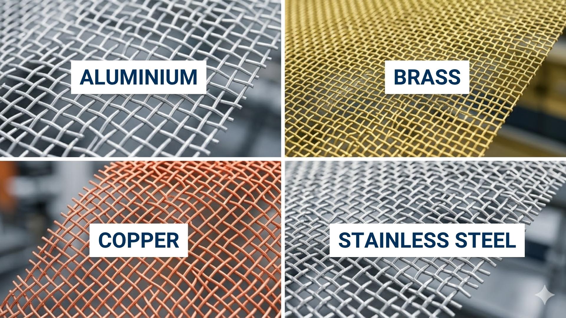 Aluminum, brass, copper, and stainless steel wire mesh.