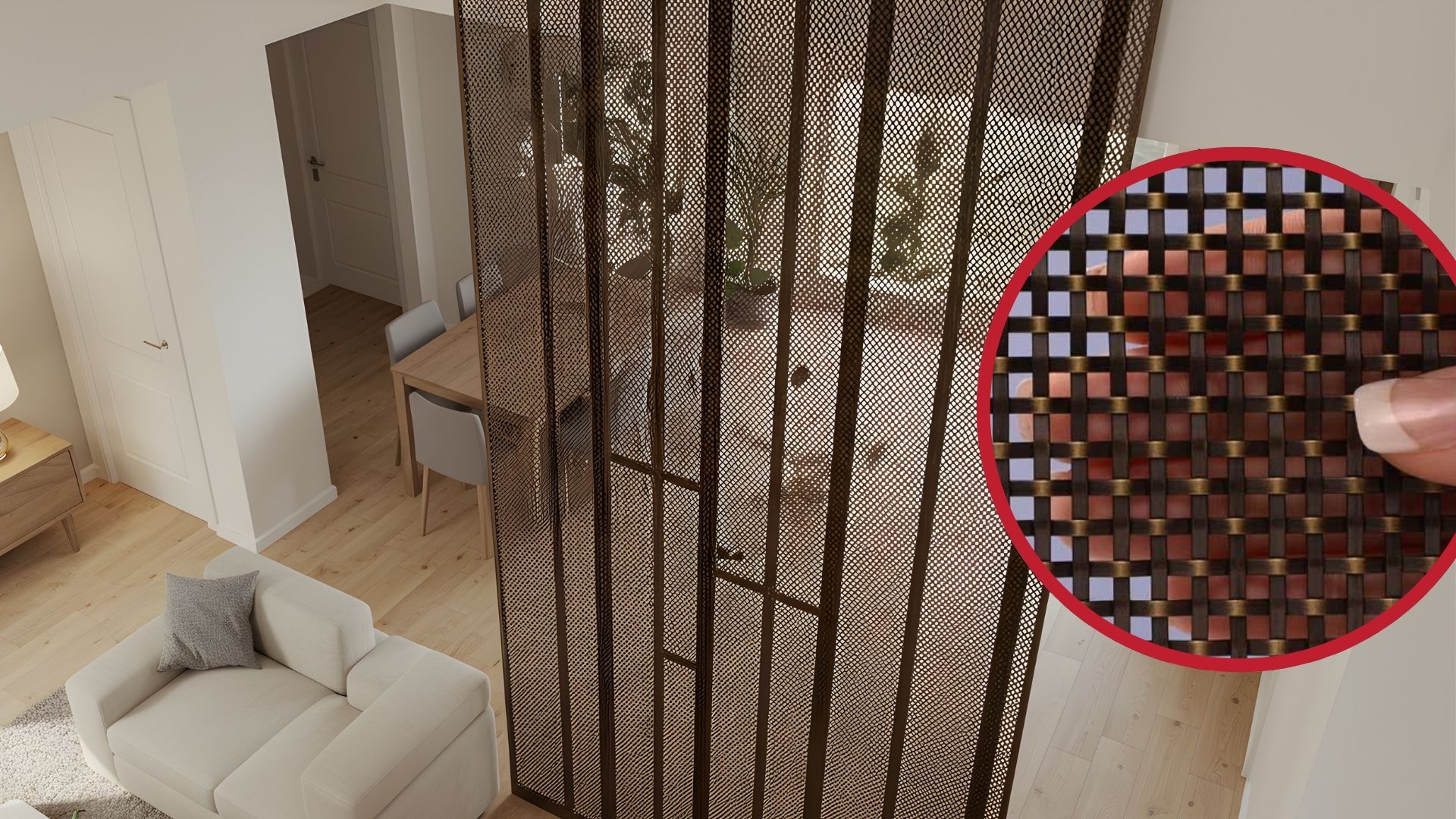 Living and dining room with pine wood floors, white furniture, and a wire mesh room divider.