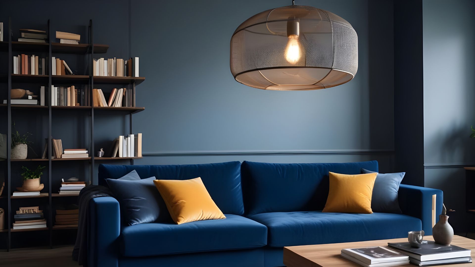Living room with blue walls and couch, yellow pillows, bookcase, and wire mesh ceiling fixture.