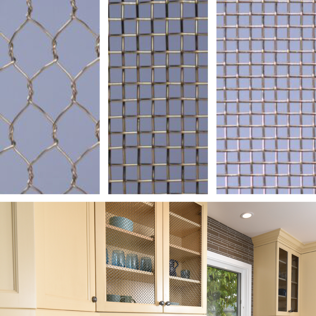 Three stainless steel mesh weaves and yellow kitchen cabinets with inserts.