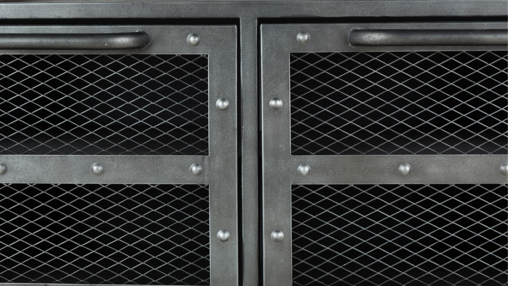 Grey steel cabinet with wire mesh inserts.