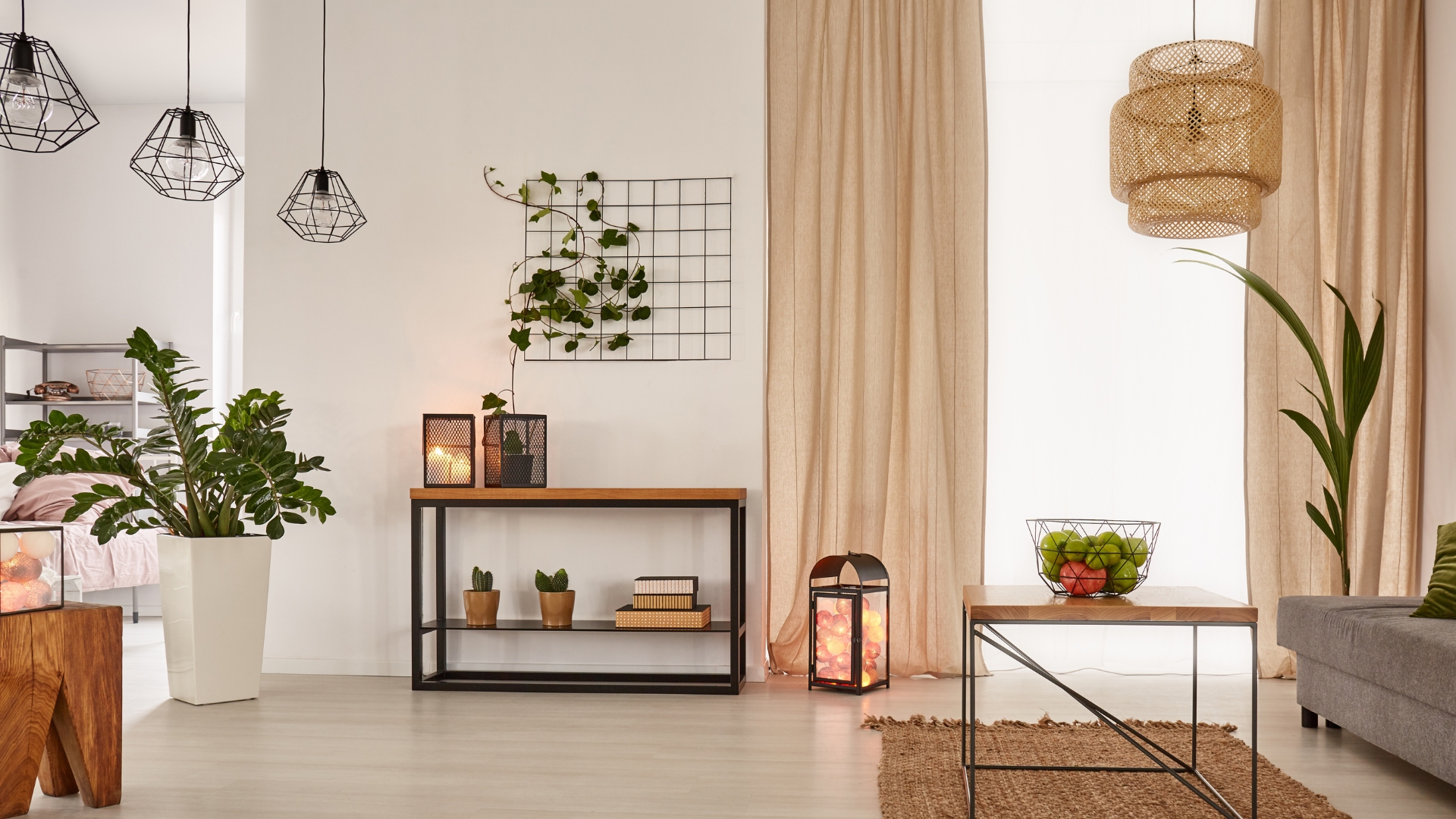 Welded wire mesh plant hanger in a living room with contemporary lighting fixtures, bookcase, and decor.