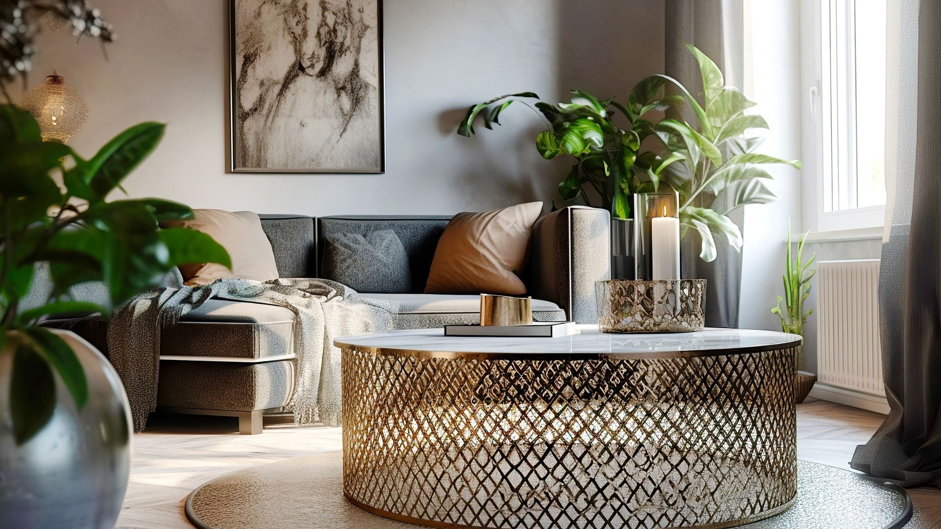 Contemporary living room with grey couch, pillows, plants, and a circular coffee table with brass mesh accents.