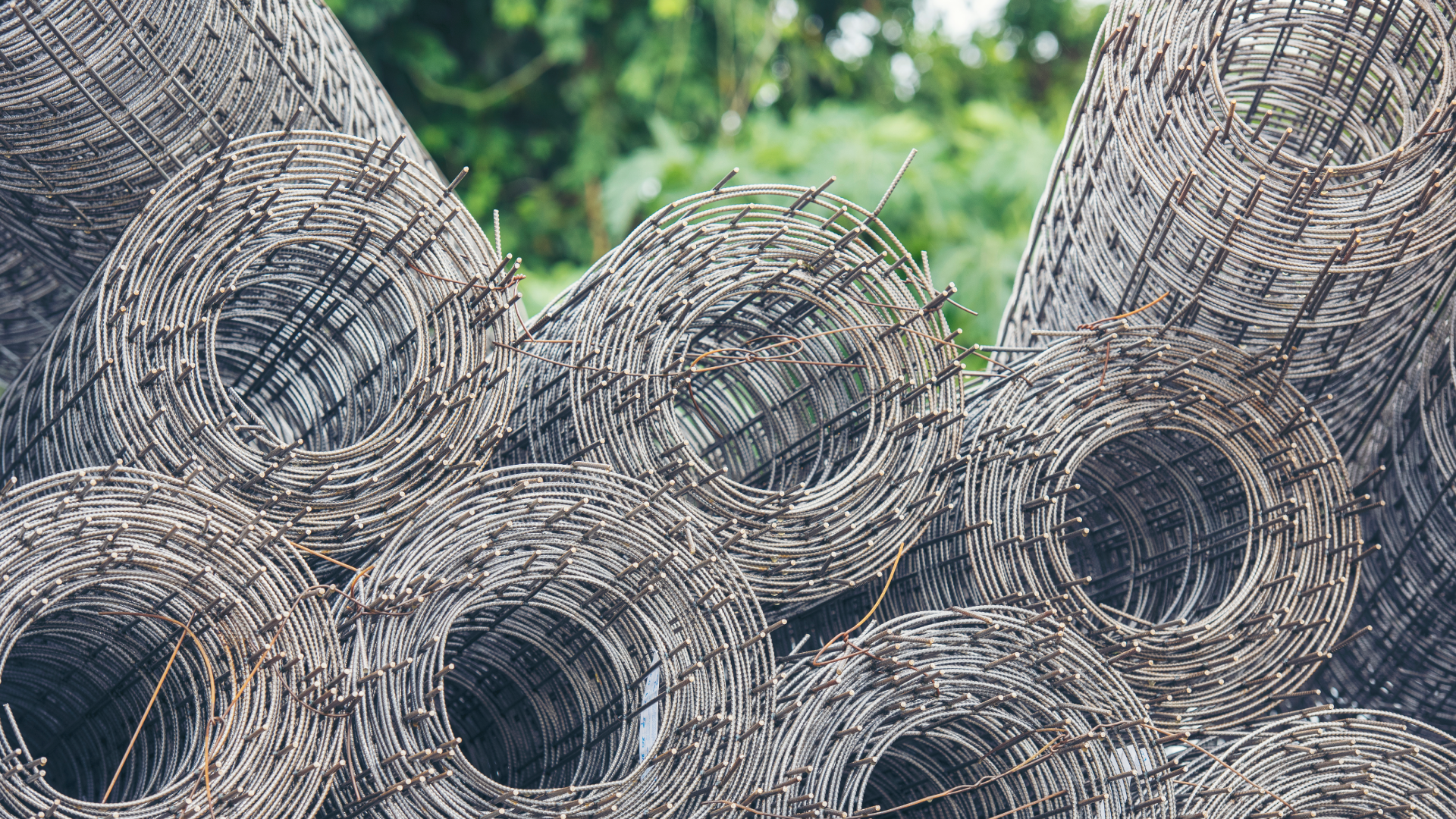 Ten rolls of welded galvanized wire mesh in a backyard.