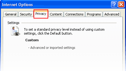 Privacy internet options dropdown is set to custom.
