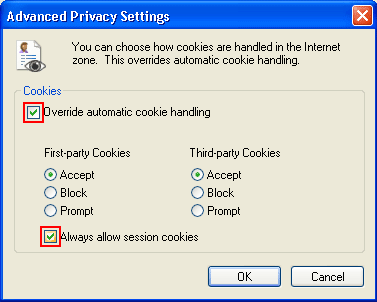 Advanced computer privacy settings set to override automatic cookie handling to always allow session cookies.