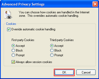 Advanced computer privacy settings with first- and third-party cookies accepted.