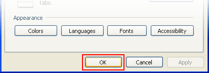 Computer appearance colors, languages, fonts, and accessibility set to ok.