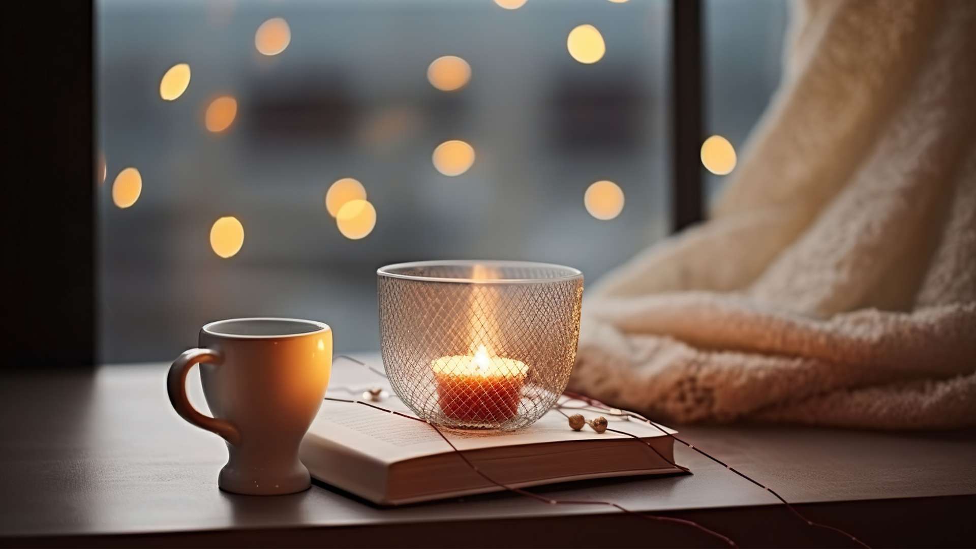 A small brass candleholder holds a flickering votive candle that is near a book and coffee cup in front of a window with sparkling lights.