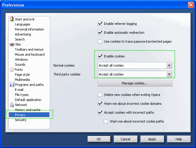 Computer privacy options dropdown menu set to enable cookies.