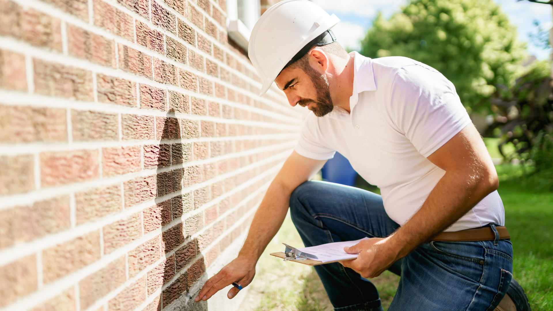 A male contractor wearing a white hard hat studies the foundation of a brick home.